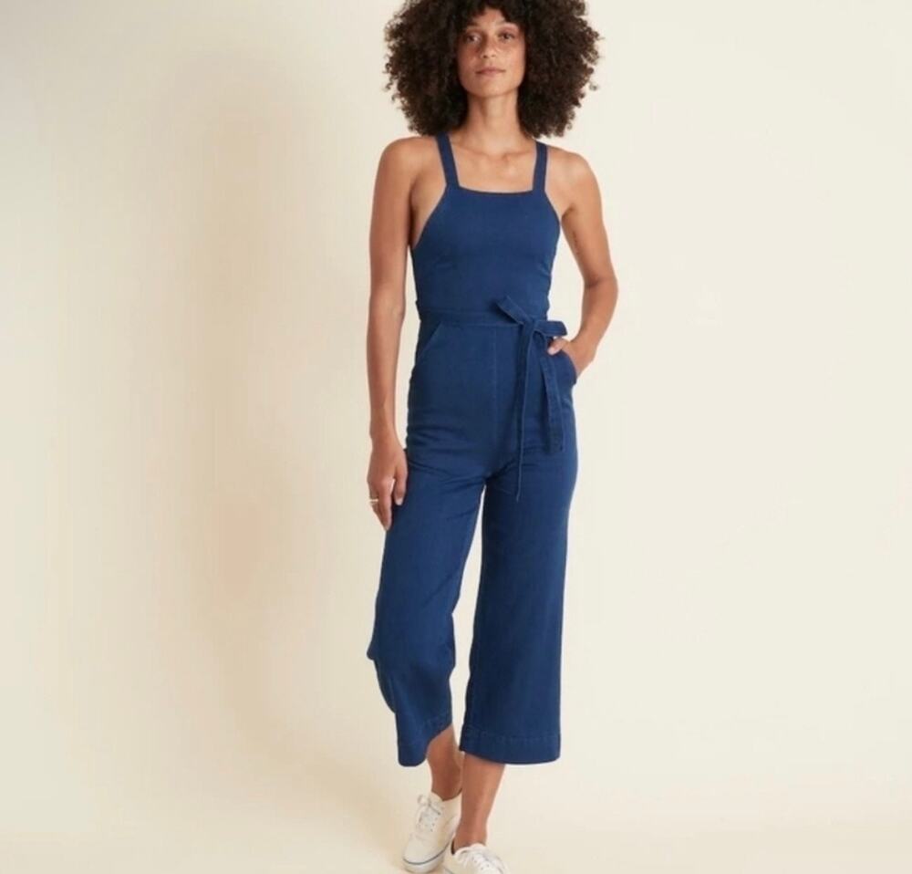Marine Layer Tess Jumpsuit Linen Cotton Wide Leg Tie Waist Jumpsuit Coastal Blue